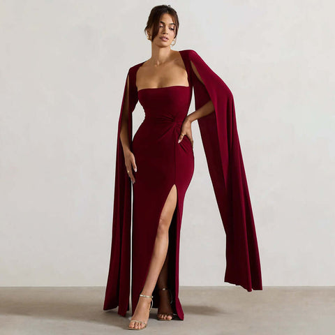 American Square Collar Mop Long Sleeve High Slit Solid Color Dress