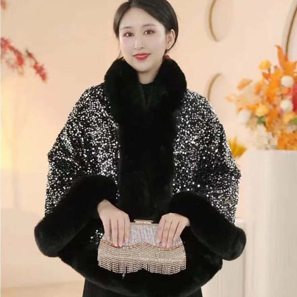 Sequined Fur Collar Knitted Inverness Women