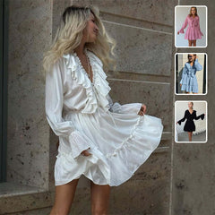 Fashion V Neck Pleated Ruffle Long Sleeve Dress Y2K V Neck Flared Sleeve Short Dress Women's Clothing