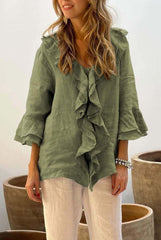 Fashion V-neck Ruffled Sleeve Ruffled Loose Casual