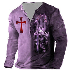 Open Placket Button Digital Printing Men's Long-sleeved T-shirt