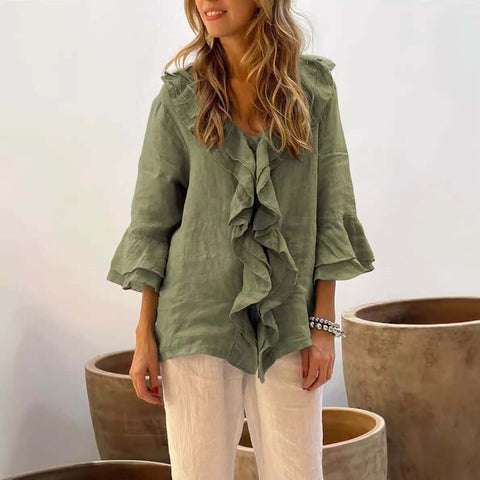 Fashion V-neck Ruffled Sleeve Ruffled Loose Casual