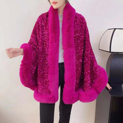 Sequined Fur Collar Knitted Inverness Women