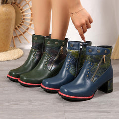 Fashion Chunky Heel Square Toe Anck Boots With Rivet Double Zippers Design Retro Ethnic Style Short Boot For Women