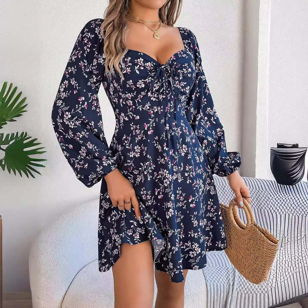 Fashion Floral Print Lantern Sleeve Dress Casual Sexy Tie Square Neck Long Sleeve A-Line Dress Women's Clothing