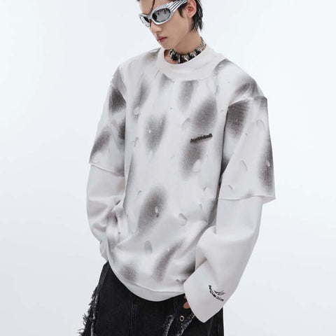 Retro Washed Fake Two-piece Broken Hole Design Long-sleeved Sweater