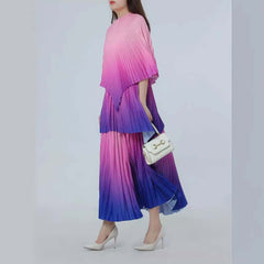 Gradient Color Temperament Printed Cape Top Pleated Loose