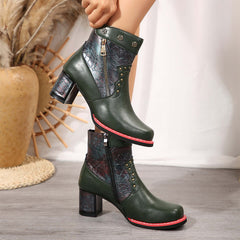 Fashion Chunky Heel Square Toe Anck Boots With Rivet Double Zippers Design Retro Ethnic Style Short Boot For Women