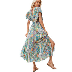 American V-neck Backless Rayon Printed Ruffled Short Sleeves Dress