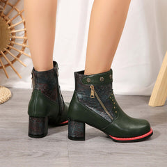 Fashion Chunky Heel Square Toe Anck Boots With Rivet Double Zippers Design Retro Ethnic Style Short Boot For Women