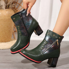 Fashion Chunky Heel Square Toe Anck Boots With Rivet Double Zippers Design Retro Ethnic Style Short Boot For Women